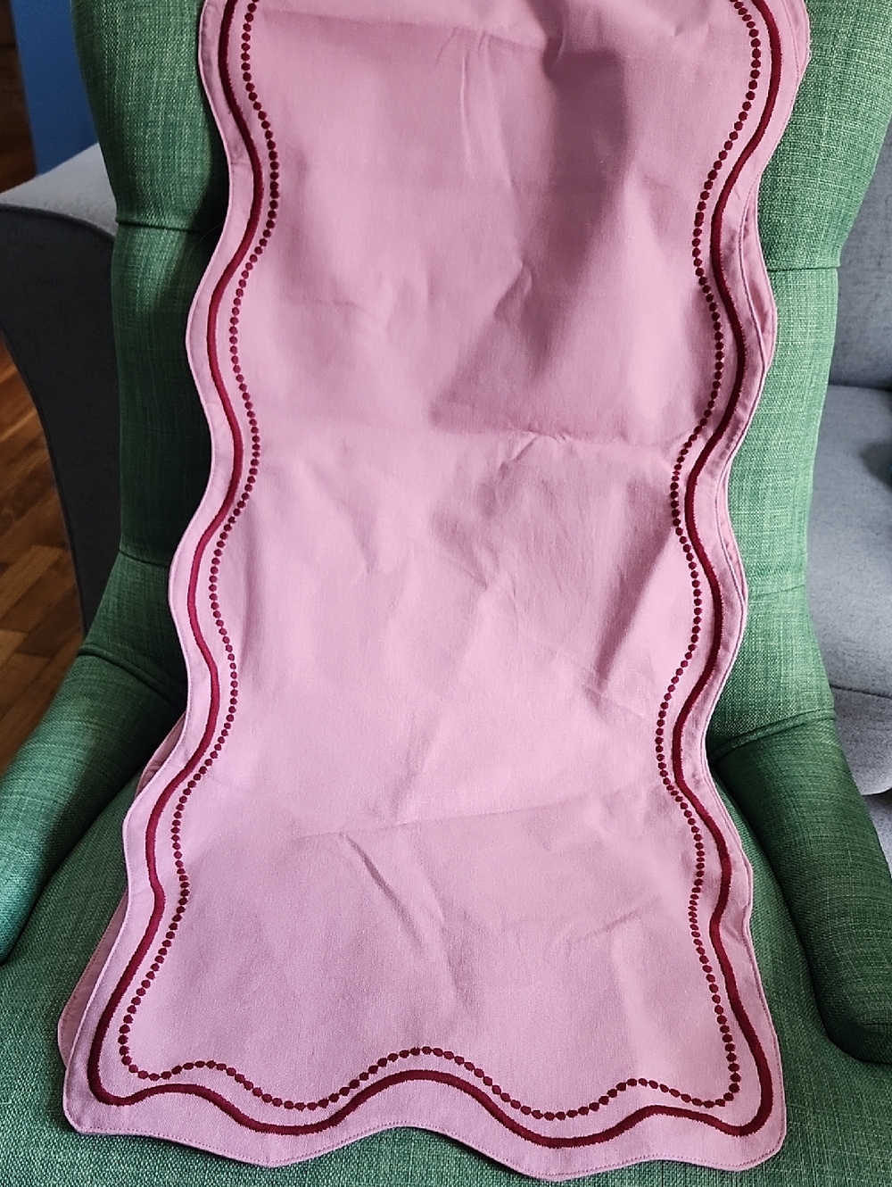 Pink Scalloped 70" Table Runner with Burgundy Dot Trim